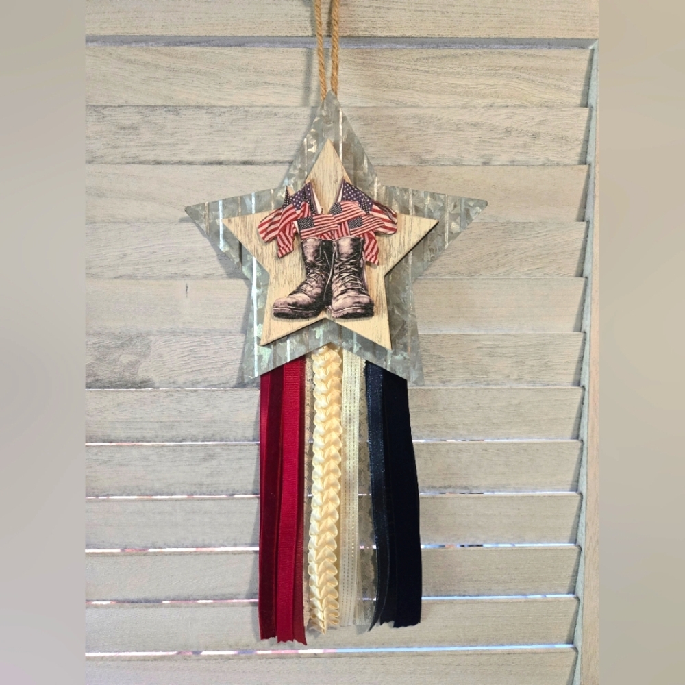 Americana US Troops Soldier Ribbon Door Wall Homespun Star Military Rag Primitiv